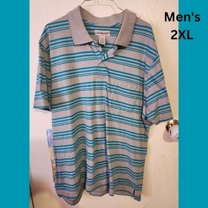 Men's Short Sleeve Teal and Gray Striped Polo Shirt With Pocket